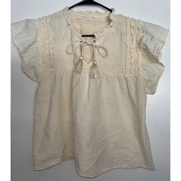 THML Anthro Butter Yellow Seersucker Smocked Tassel Flutter Sleeve Top XL - Picture 2 of 6